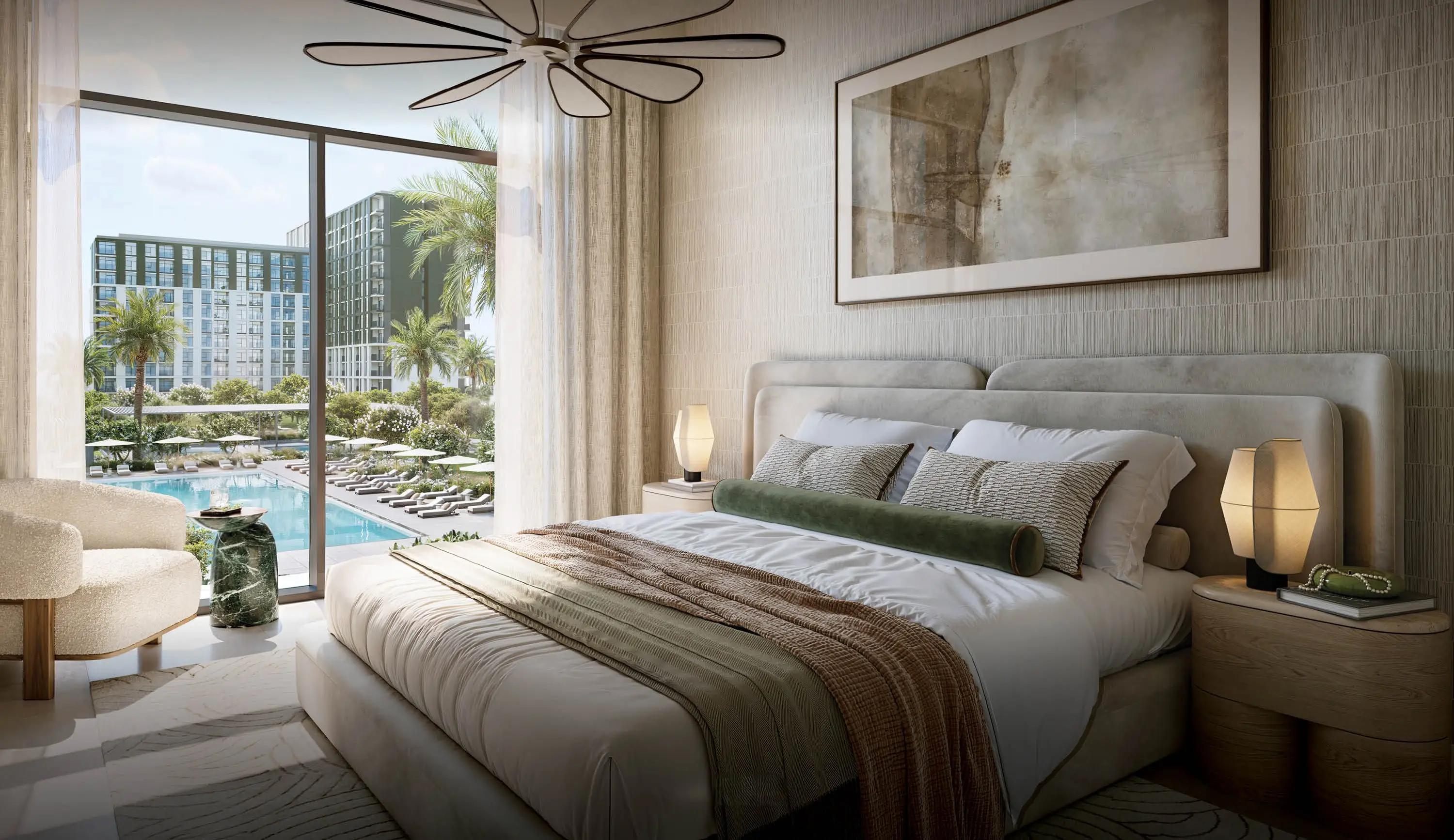 Terra Woods bedroom overlooking the landscaped adults pool
