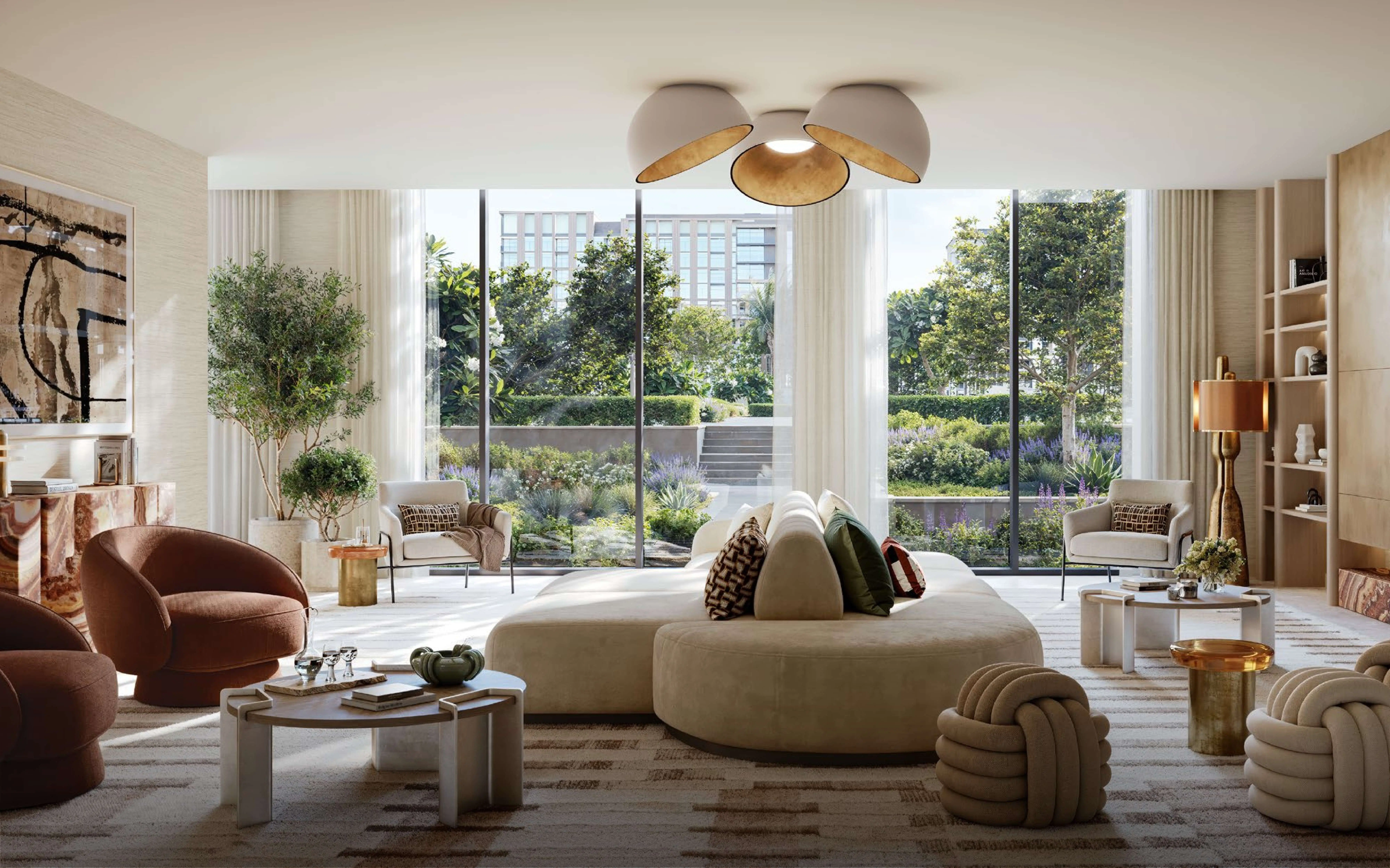 Terra Woods living room opening to landscaped gardens