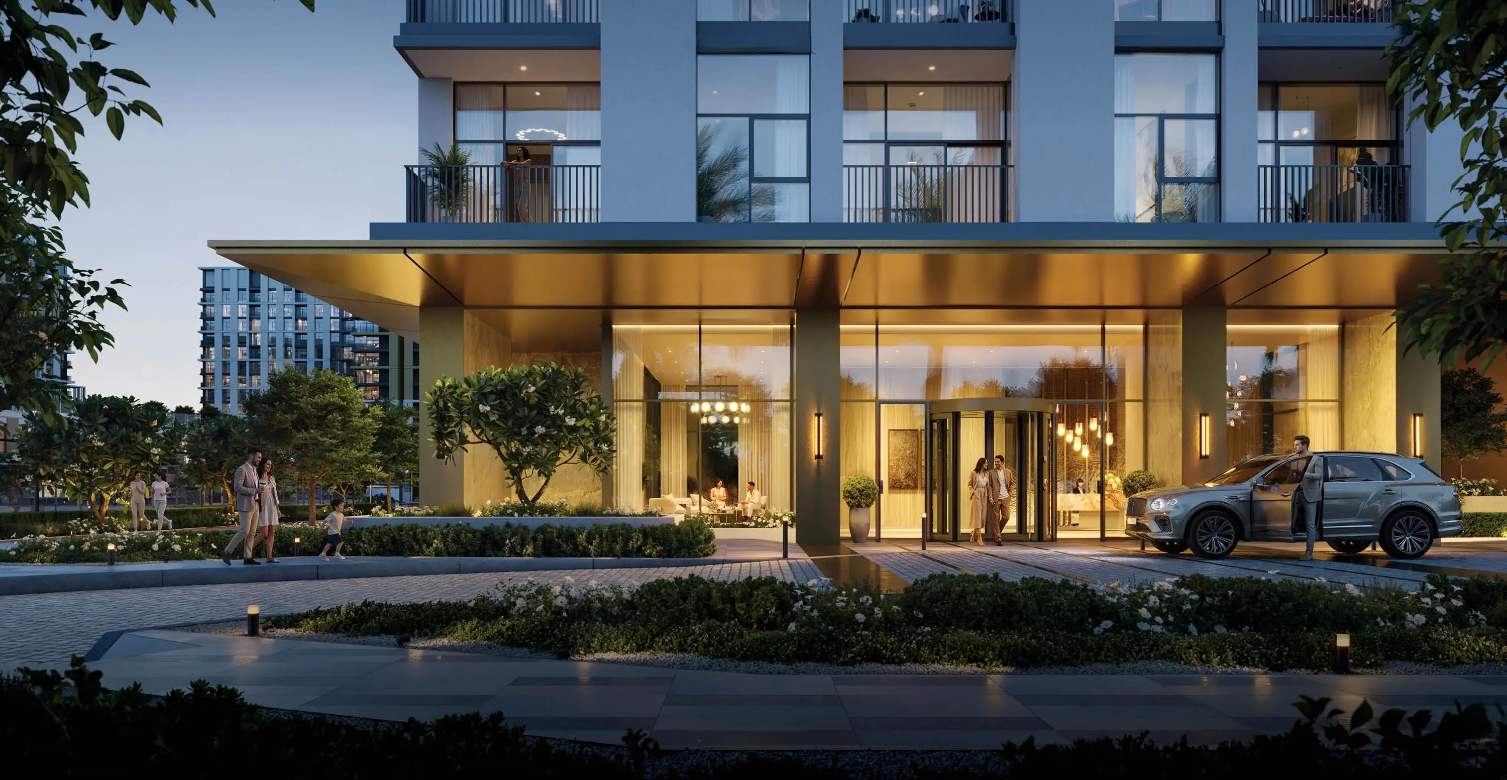 Illuminated residential lobby entrance at Terra Woods