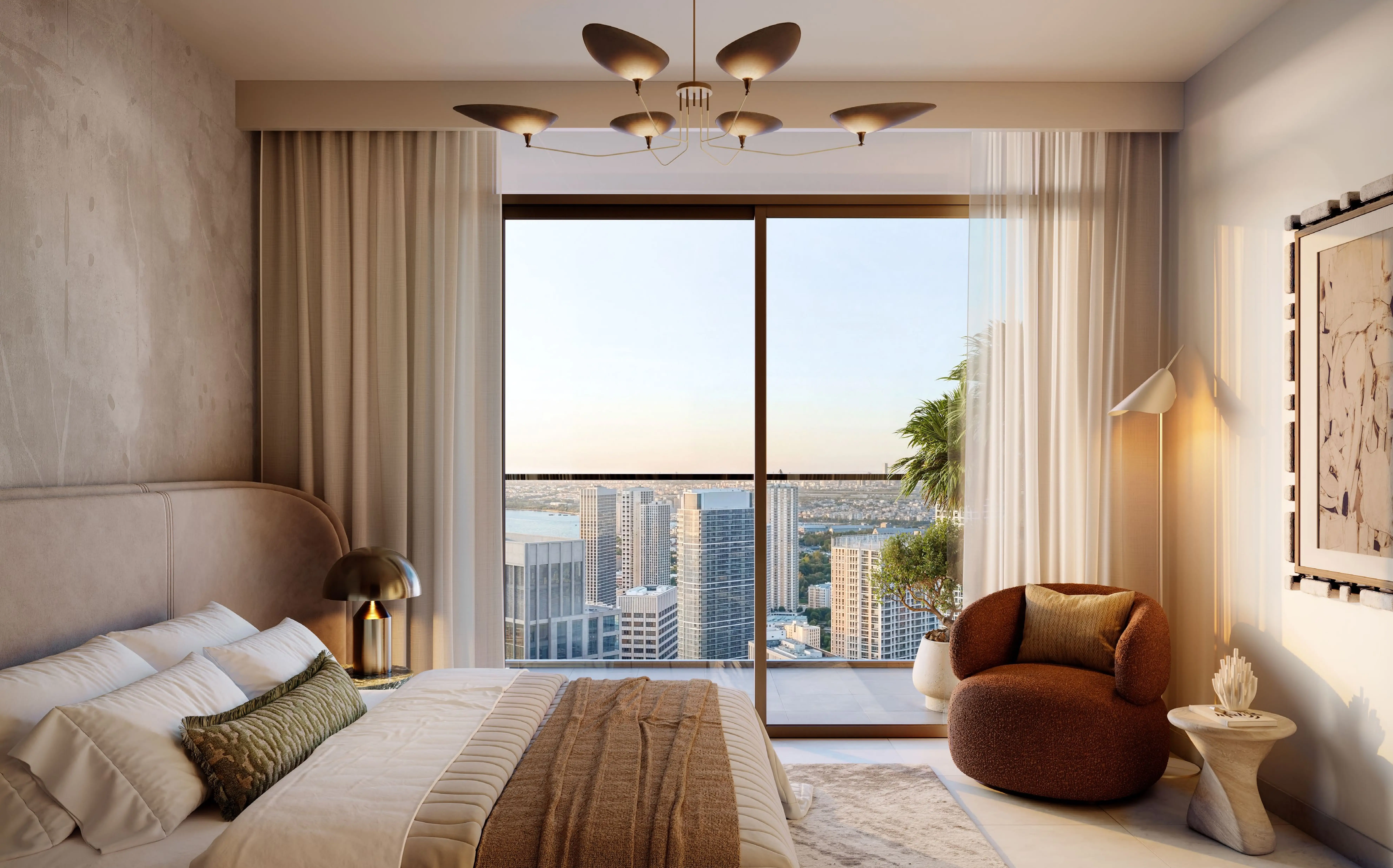 Valia apartment bedroom with Dubai skyline view
