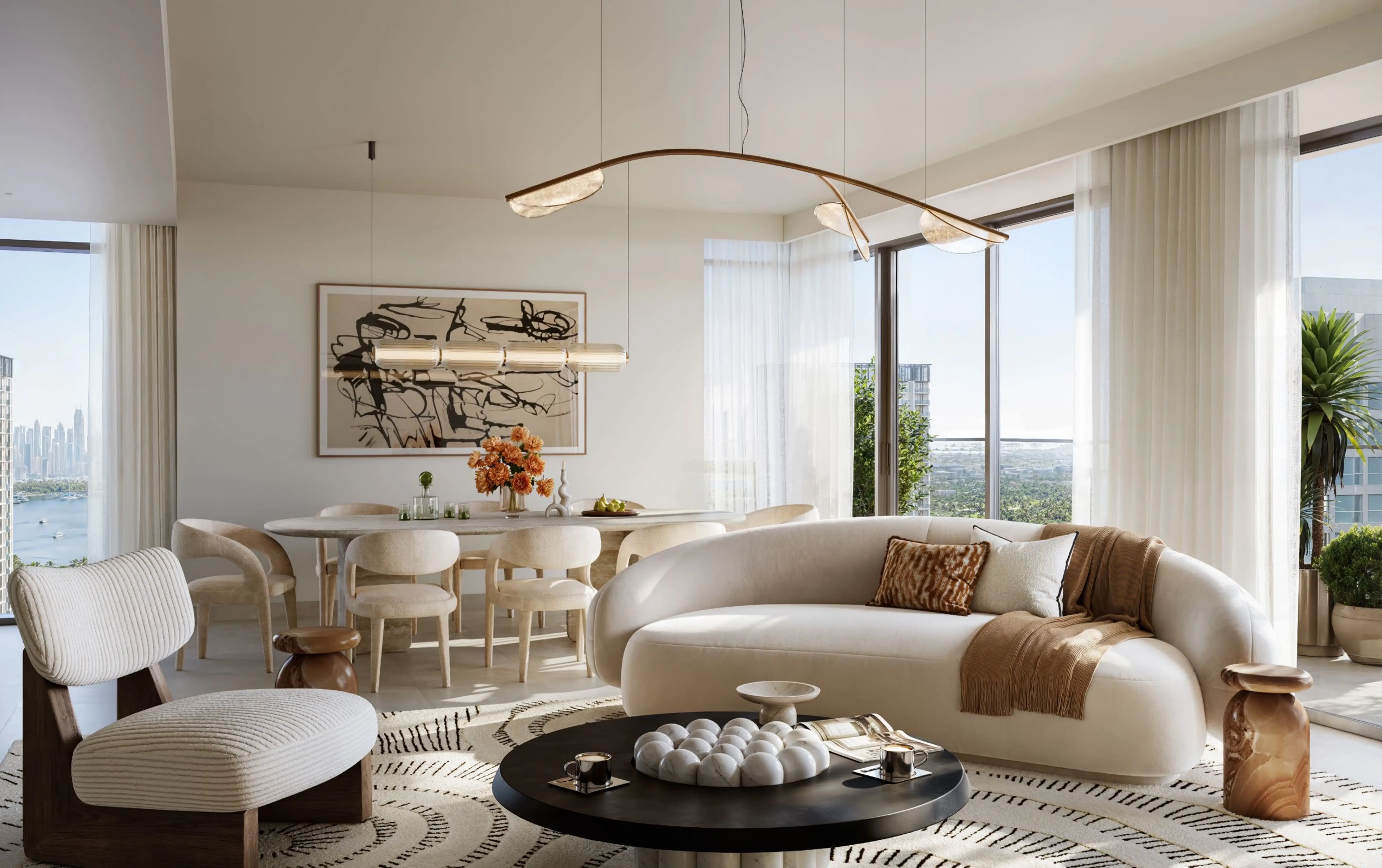 Valia living and dining room overlooking Dubai Creek Harbour