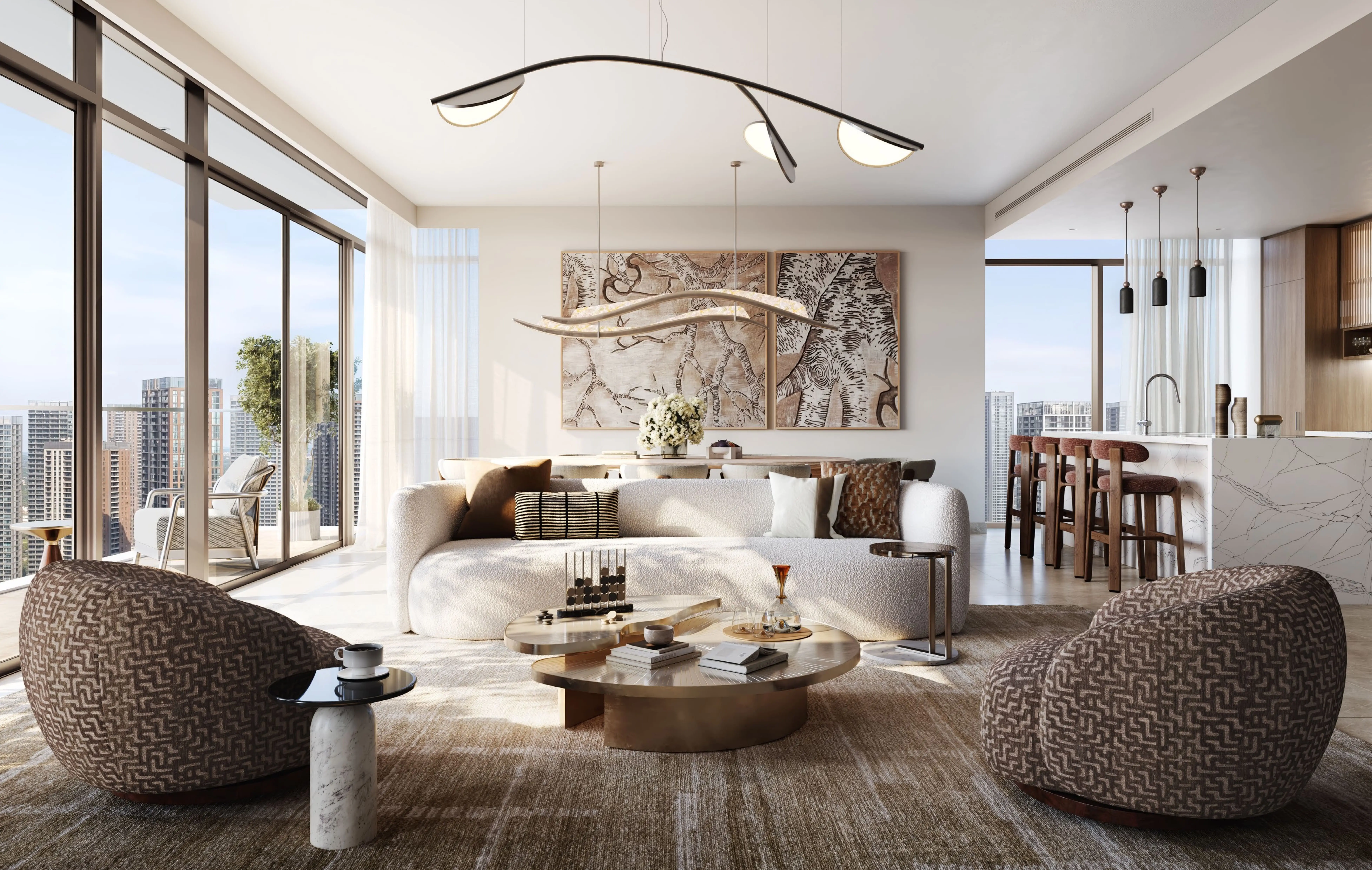 Valia apartment living room with city skyline view