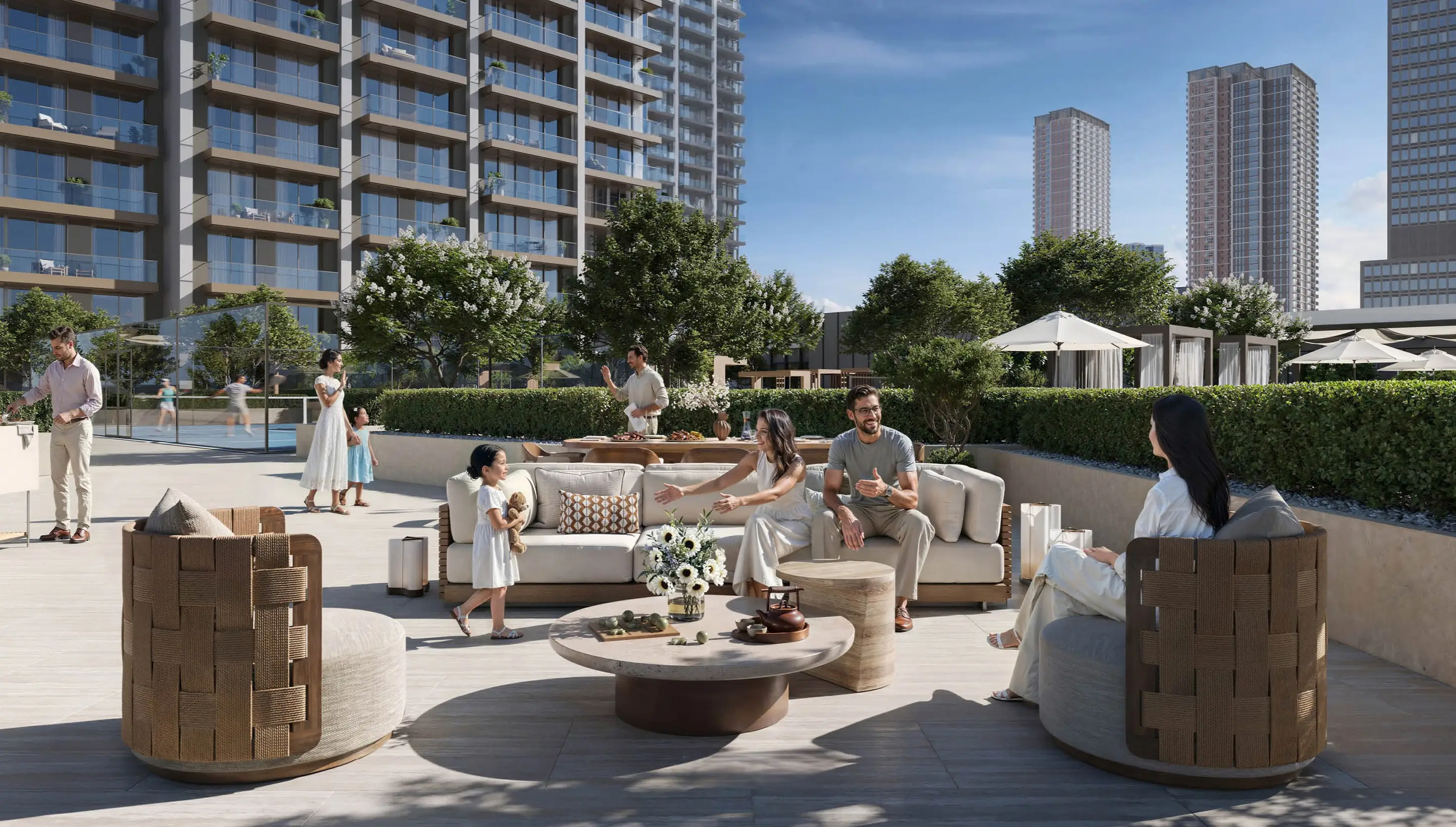 Outdoor social terrace and barbecue area at Valia