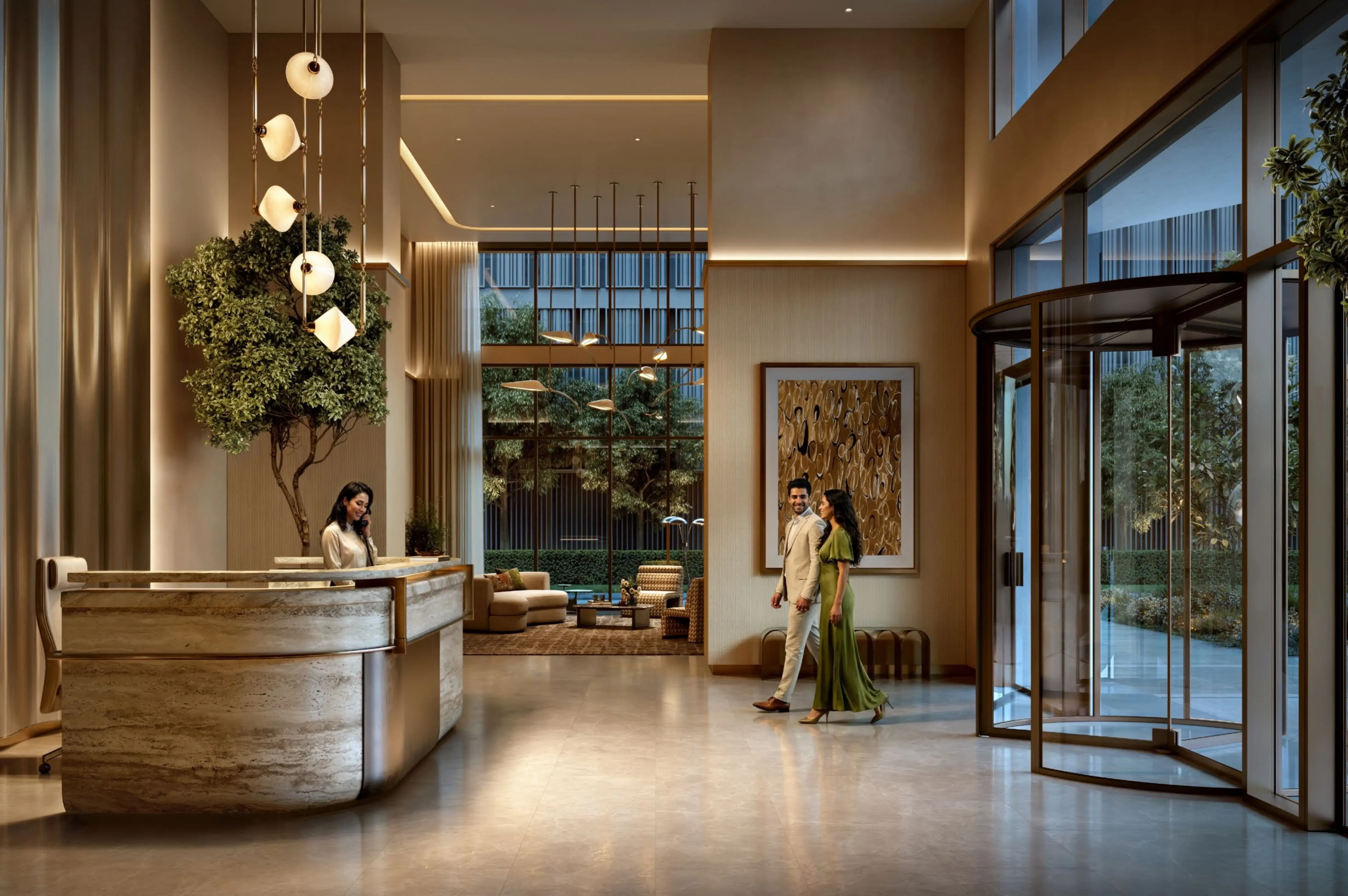 Double-height residential lobby at Valia