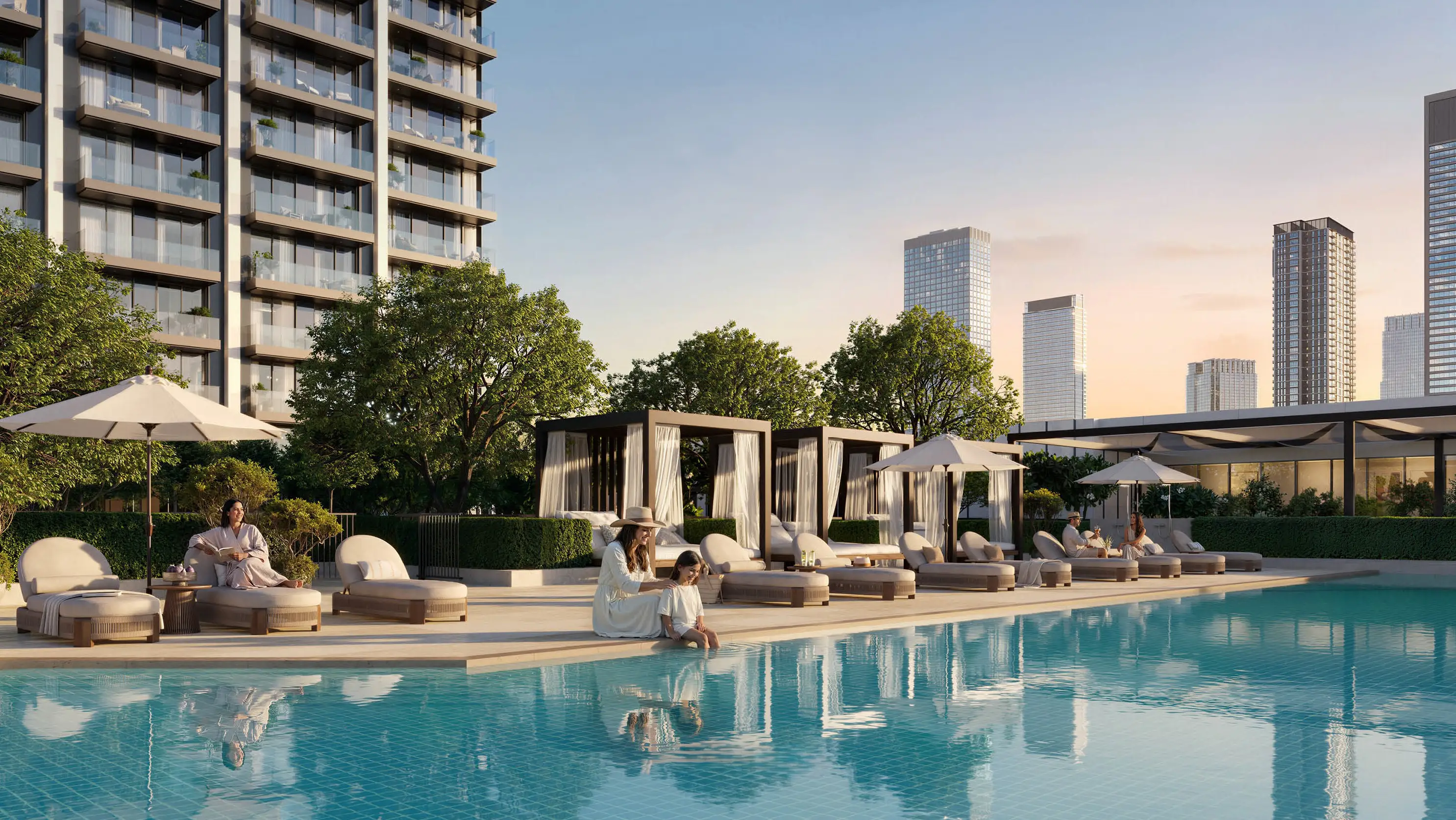 Temperature-controlled pool deck and cabanas at Valia