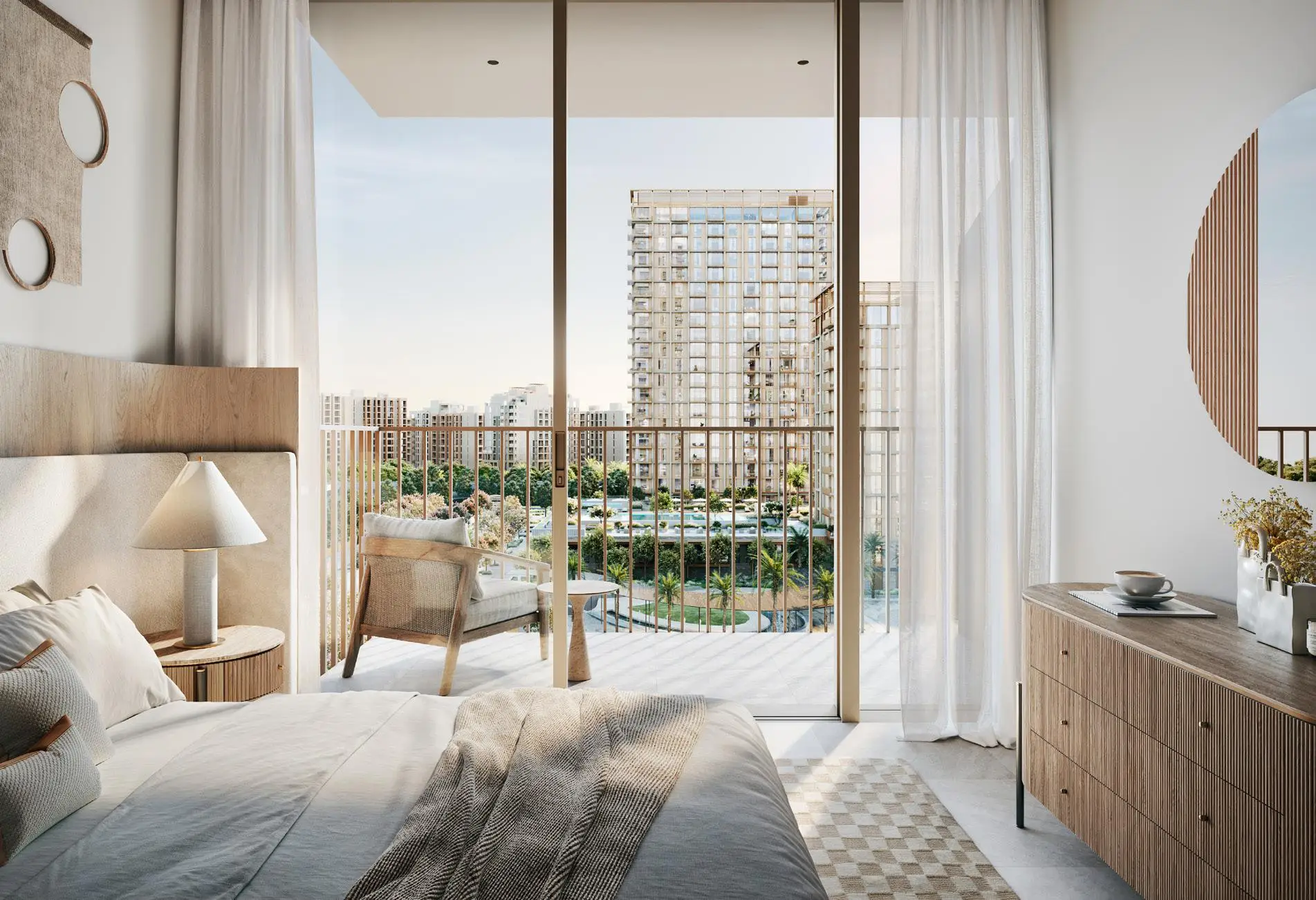 Valo bedroom and balcony with Dubai Creek Harbour community view