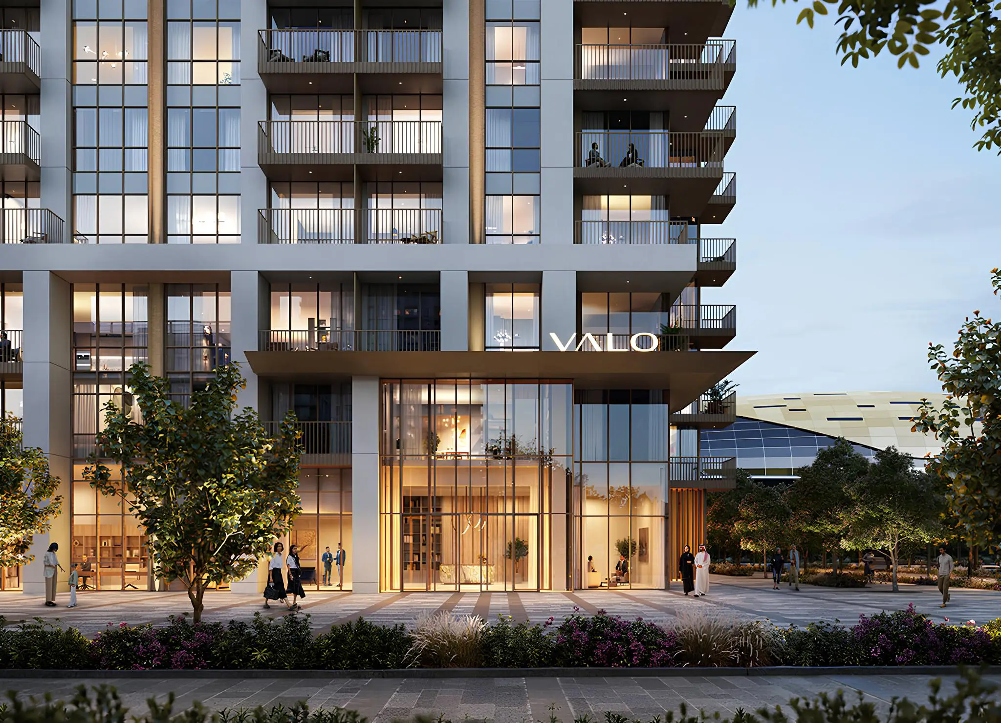 Valo residential entrance and illuminated glazed facade