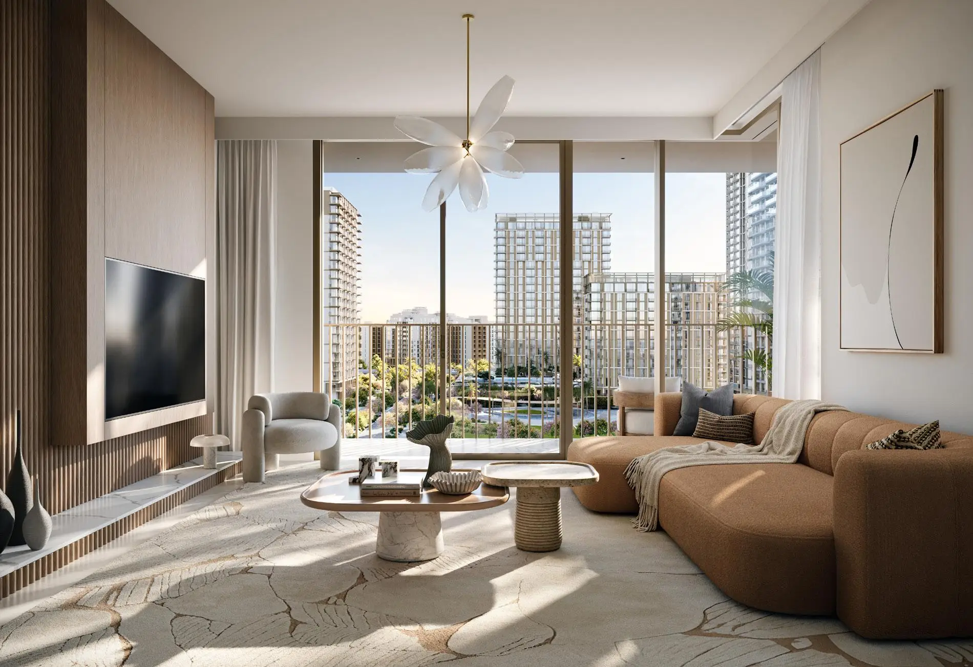 Valo apartment living room overlooking Dubai Creek Harbour