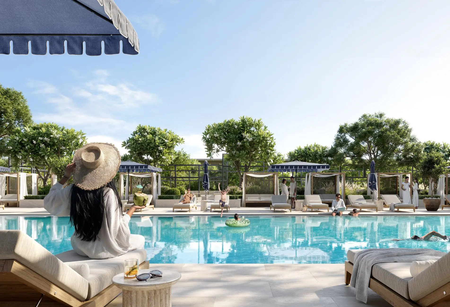 Valo outdoor swimming pool and shaded resident deck