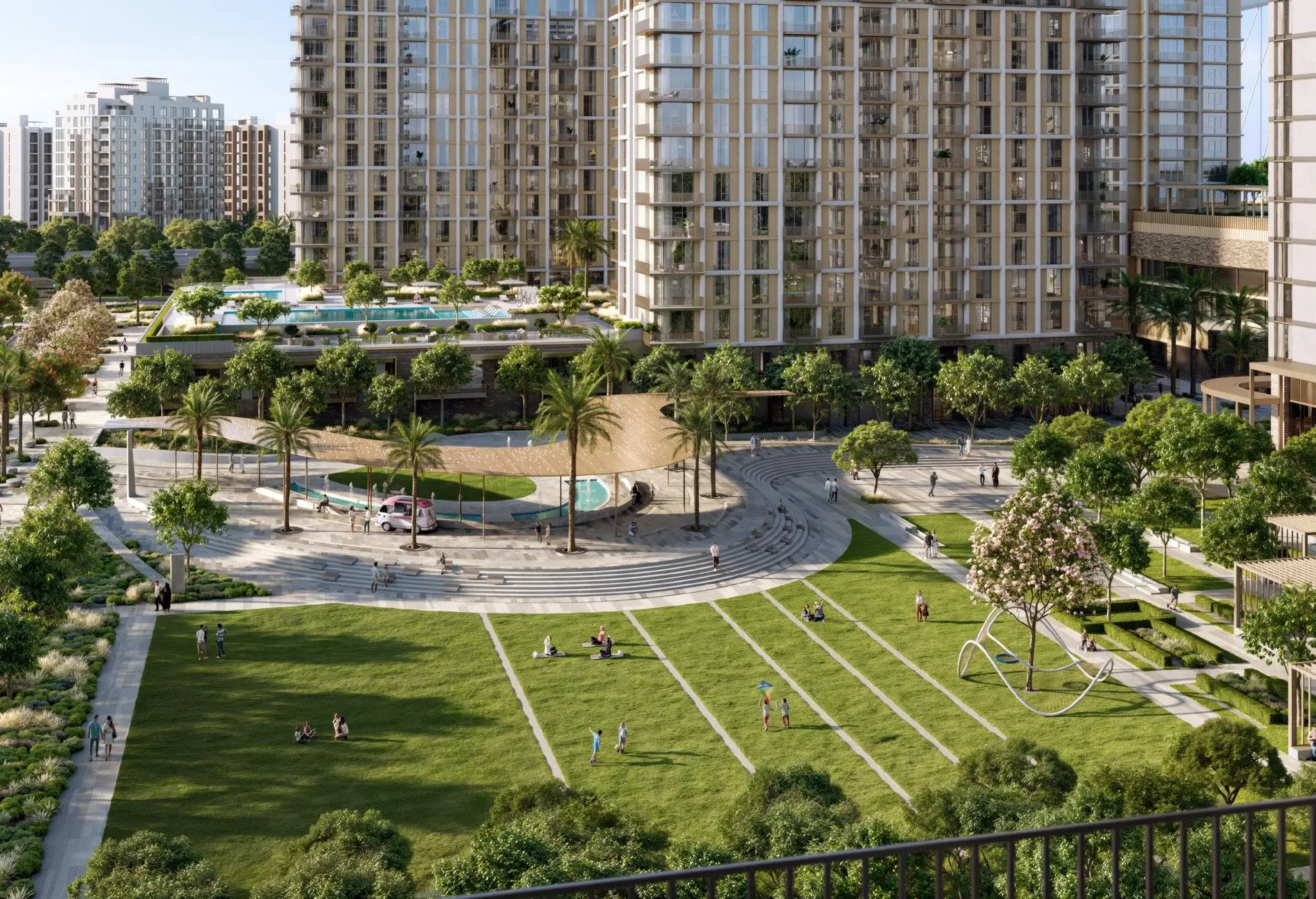 Central Park lawns and landscaped public realm beside Valo