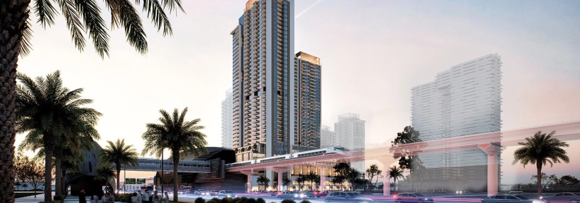 Avenue Park Towers II by wasl beside elevated metro with Dubai skyline at golden hour