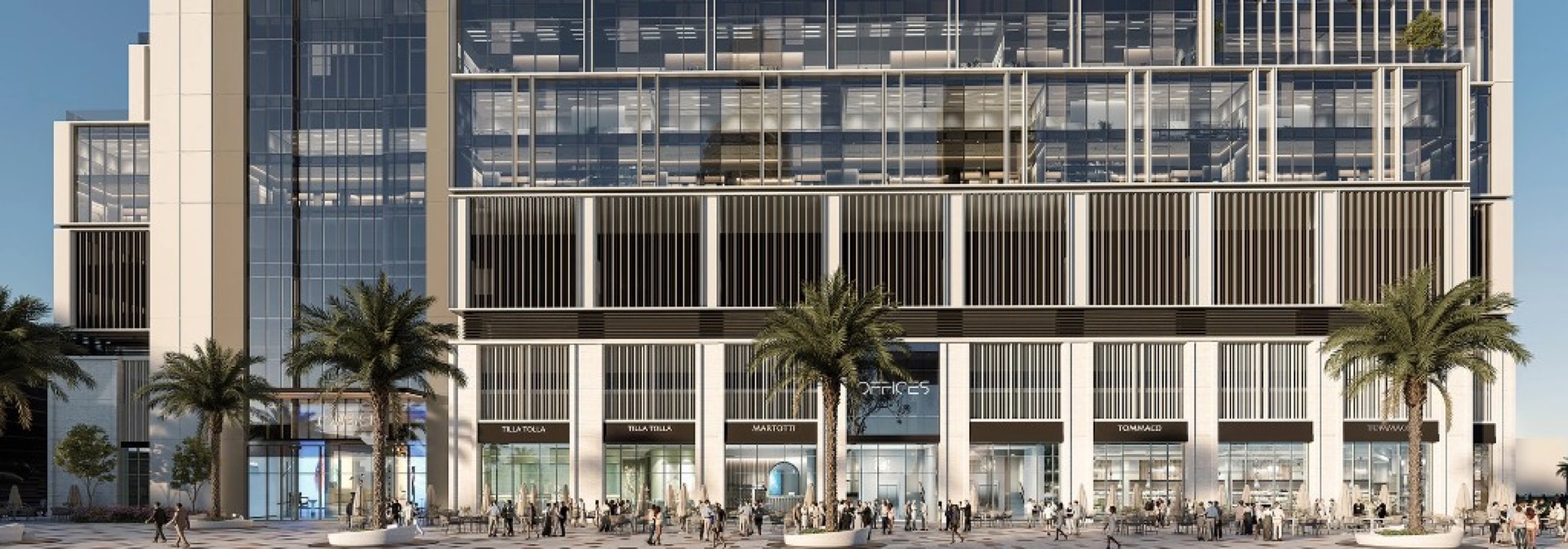 Pedestrian plaza and retail frontage at Avenue Park Towers II, Wasl 1